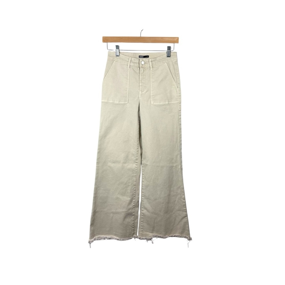 Noon Jeans Women’s Wide Leg Raw Hem Cargo Pocket Jeans Beige 34 (XS)
